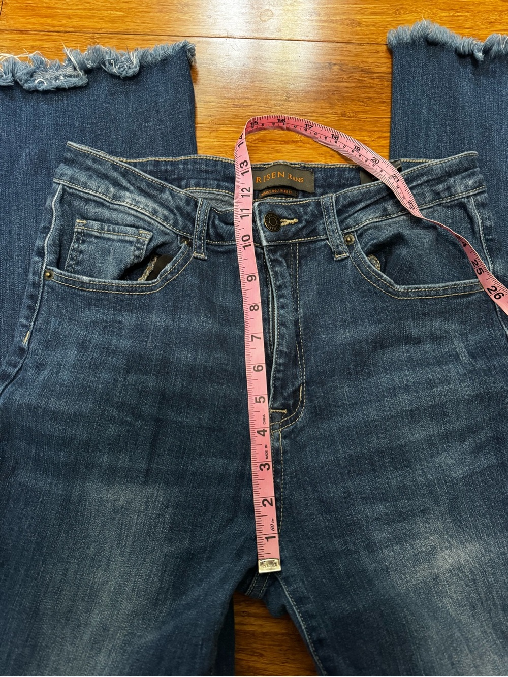 Risen High Rise Dark Blue Jeans Raw Hem Flare Size 30/11 - Picture 9 of 11